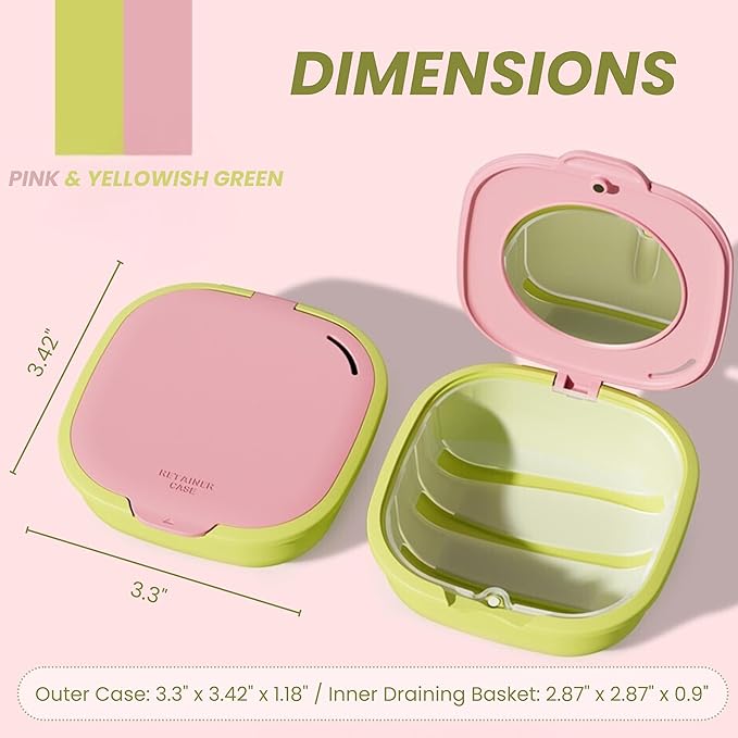 Retainer Case with Mirror and Vent Holes, Cute Slim Aligner Case Compatible with Invisalign, Magnetic Closure Orthodontic Case for Retainers and Mouth Guards (Pink & Yellowish Green)