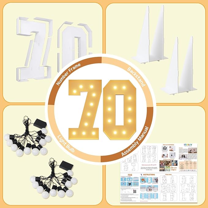 imprsv 4FT Light Up Numbers, Marquee Numbers 70th Birthday Decorations for Women Men, Large Light Up 70 for Birthday Women Foam Board Anniversary Party Decorations Arch Kit (DIY)