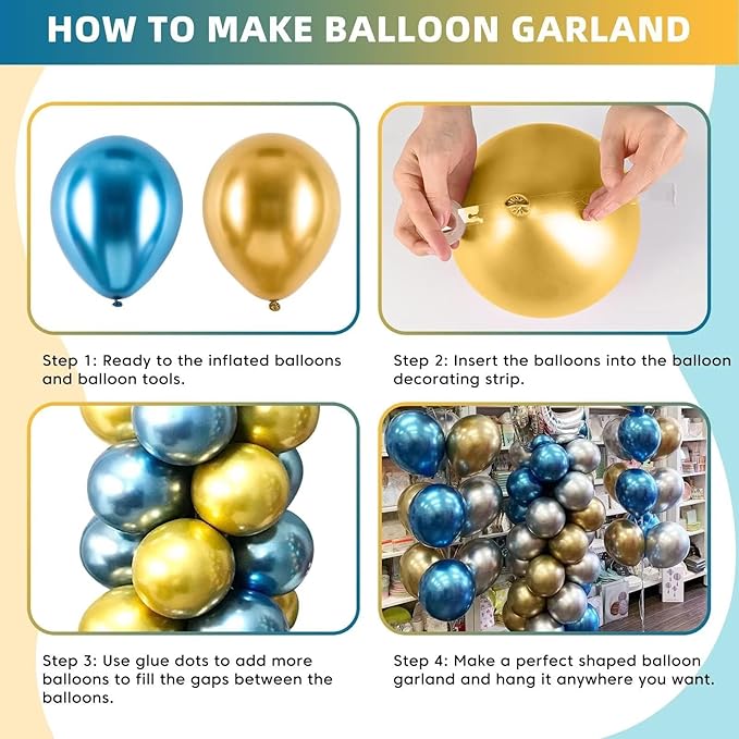 Metallic Blue and Gold Balloon Arch Kit, 100 Pcs Gold and Blue Balloon Garland Kit, Metallic Balloons Different Sizes 18/12/10/5 inch for Graduation Birthday Party Decorations