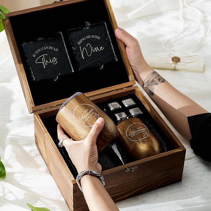 Wine Lovers Gifts for Women, Birthday Gifts for Mom Sister Friend Coworker Girlfriend Inspirational Gift Set, Wine Gift Box Set with Tumblers, Ice Cubes