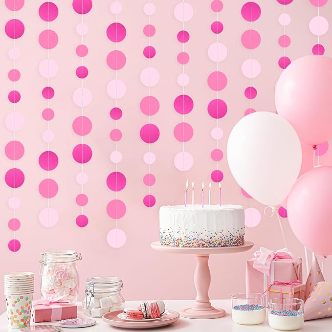 5 Pcs Hot Pink Garland Glitter Pink Circle Dots Garland, PLULON 65 Ft Hanging Paper Polka Dot Streamer Backdrop Banner for Pink Party Decor Birthday Baby Shower Wedding Classroom Stitch Party Supplies