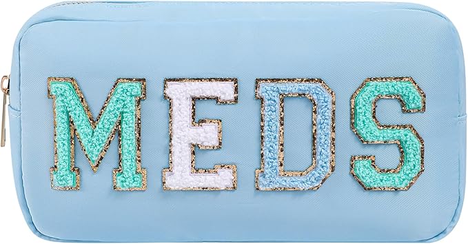 Personalized Chenille Letter Patch MEDS Bag,Cute Nylon Drug Medicine Travel Makeup Bag with Zipper, Preppy Vitamin Organizer Bag for Women and Girls (05Light Blue)