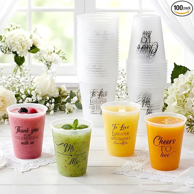 Yungyan 100 Pcs Wedding Frosted Plastic Cups Bulk 12 oz Clear Wedding Cups for Reception Disposable Cheer to Love Bridal Shower Bachelorette Party Supplies