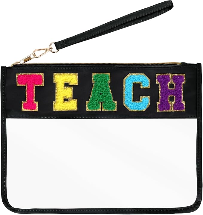 Chenille Letter Bag, Multi-purpose Nylon Clear Makeup Cosmetic Bags Flat Pouches with Zipper for Travel, Gym, Beach (Black-Teach)