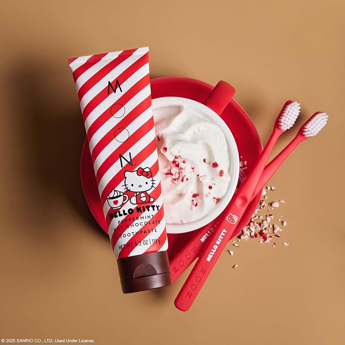 MOON x Hello Kitty Toothpaste, Peppermint Hot Chocolate Flavor, 4.2 Oz, No Fluoride or Sugar, Plus 2 Pack Extra Soft Bristle Toothbrushes, Gentle on Gums & Teeth for Adults & Children 2 Years+