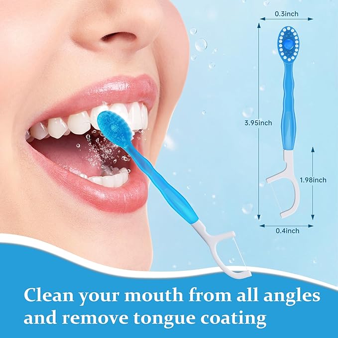 20pcs 5 in 1 Disposable Mini Toothbrush with Toothpaste + Floss + Pick + Tongue Scraper | Travel Size | Individually Wrapped | Soft | Mint | Travel Set | Oral Care (2)