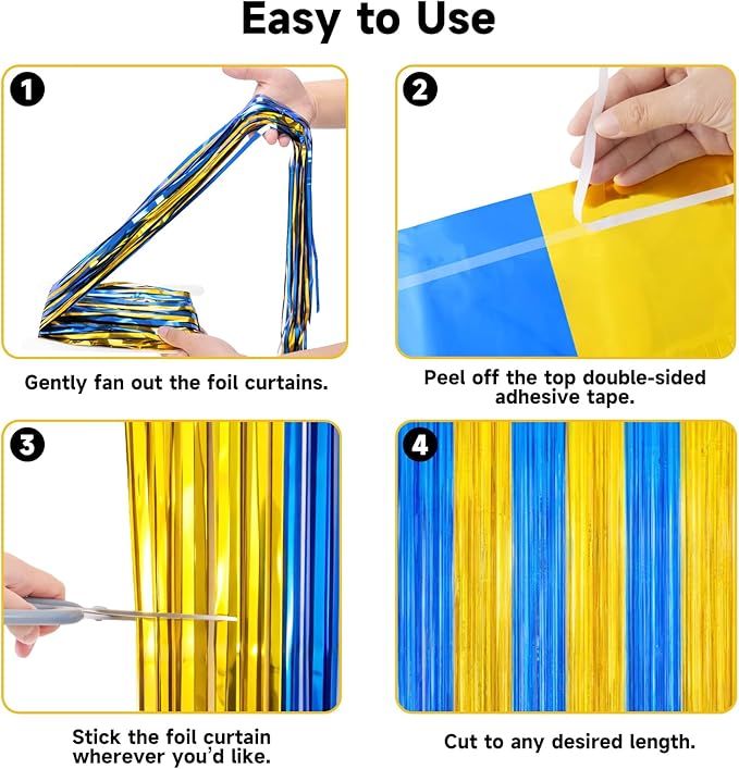 jijAcraft 3 Pack Blue Gold Tinsel Foil Fringe Curtain, Graduation Party Photo Backdrop, Metallic Blue Gold Foil Streamers for Graduation Prom School Decor Boy Birthday Office Party Decorations