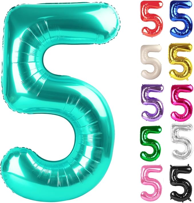 Teal Number 5 Balloon 40 Inch, 5 Balloon Number, 5th Birthday Decorations, Teal Party Supplies for Boys Girls