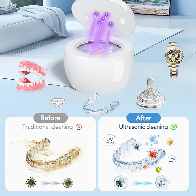 Ultrasonic Retainer Cleaner Machine, Cleaning Pod for Jewelry Cleaner, Dentures, Mouth Guards, Rings, Earrings, Glasses- 200ML 45kHz One-Touch 5-Minute Deep Clean (White)