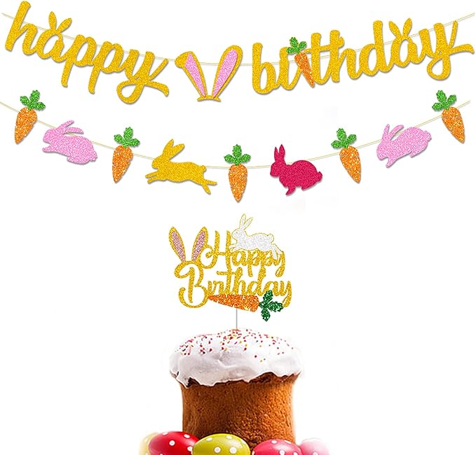 Bunny Birthday Decorations, Easter Happy Birthday Banner, Happy Easter Decorations, Rabbit Theme Happy Birthday Banner for Children Girl 1st 2nd Bday Easter Spring Party Decor