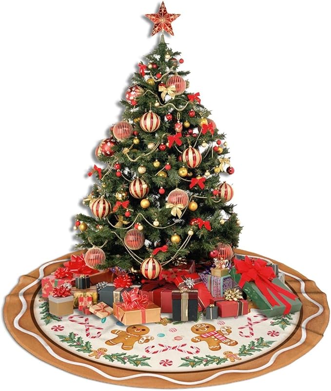 Gingerbread Man Candy Christmas Tree Skirt Orange Xmas Tree Mat Halloween Christmas Tree Ornaments Decorations Holiday Party Indoor Outdoor 48"
