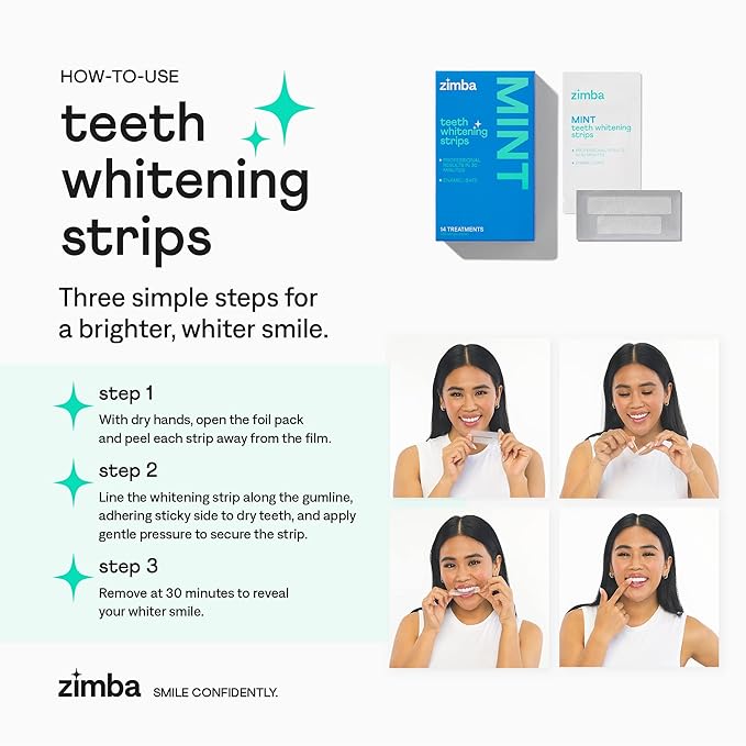 Zimba Teeth Whitening Strips for Teeth Sensitive, White Strips for Teeth Whitening, Teeth Whitener Stain Remover 28 White Strips Included Per Pack, 2 Pack (14 Day Treatment), Spearmint and Watermelon