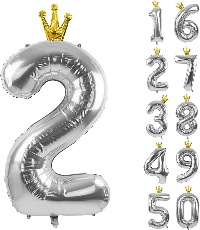 Silver Number 2 Balloon with Crown, 40 inch Silver Number Balloon 2nd Birthday Party Decoration Silver Crown Balloons 0-9 for Birthday Party Anniversary Decorations Supplies