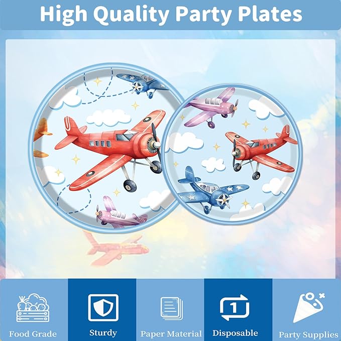 Rakuto Airplane Birthday Tableware Party Decorations, 96PCS Airplane Party Plates Napkins and Forks Supplies, Disposable Cartoon Airplane Baby Shower Decor Serves 24