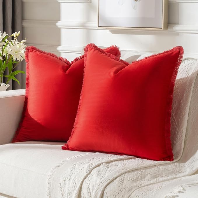 FUTEI Christmas Red Velvet Decorative Throw Pillow Covers 18x18 Set of 2,Soft Cozy Edge with Tassels Cushion Case,Boho Modern Home Decor for Couch Bed Living Room