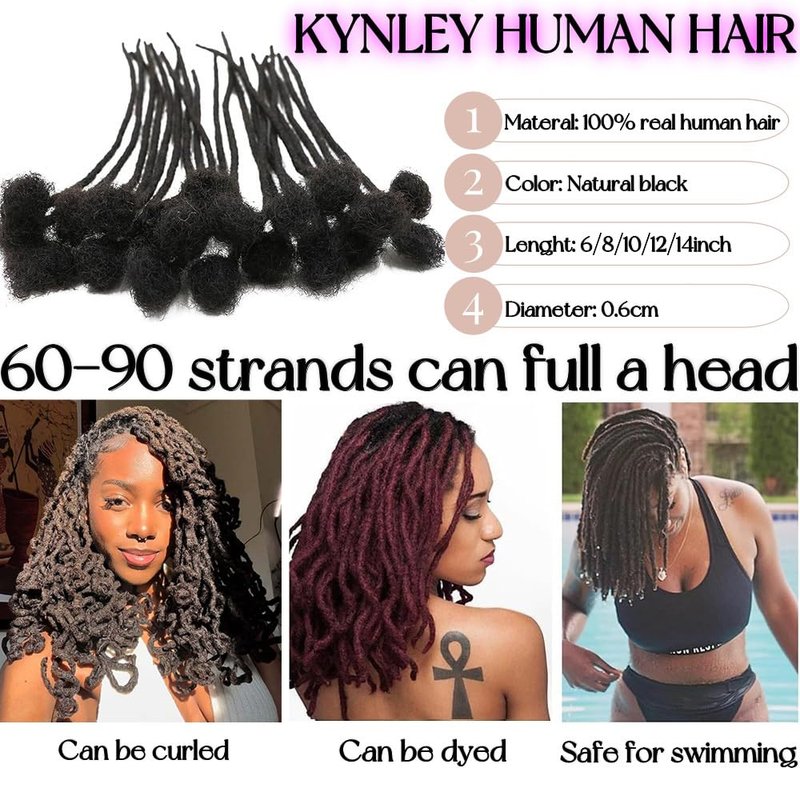 0.4cm & 0.6cm Width, 4-14 Inches10, 30, 60, 100 Strands Options 100% Real Human Hair Dreadlock Extensions for Men/Women/Kids, Handmade Permanent Loc Extension Bundles (0.6cm, 8inches, 30Strands)