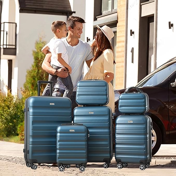 Merax Luggage Sets 6 Piece Hardshell ABS Suitcases with 8 Silent Spinner Wheels Durable and Lightweight Travel Luggage for Family Trips Ink Blue