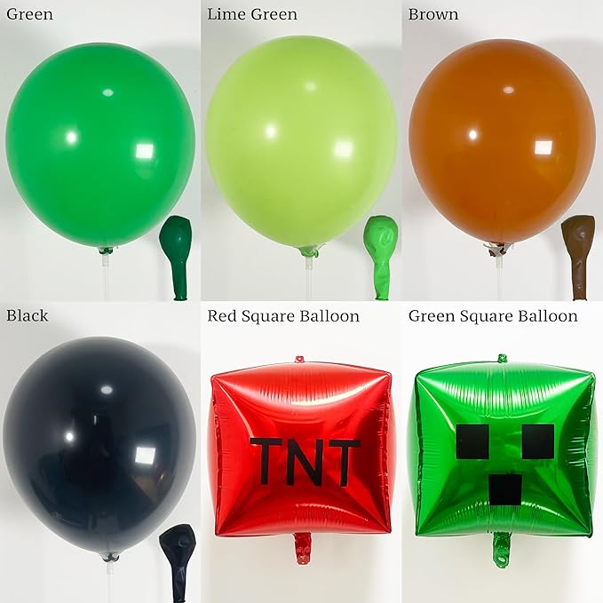 140Pcs Green Balloon Arch Garland Kit with Lime Green Brown Black Square Star Foil Balloons for Gaming Theme Party Decor, Birthday Party Supplies, Kids' Party Crafts and Decorations