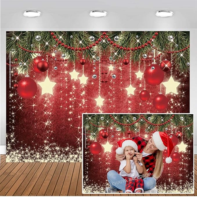 CHAIYA 7x5ft Christmas Backdrop Red Ball Xmas Merry Party Decorations for Family Holiday New Year Backdrop for Christmas Party Decoration Banner Photo Shoot