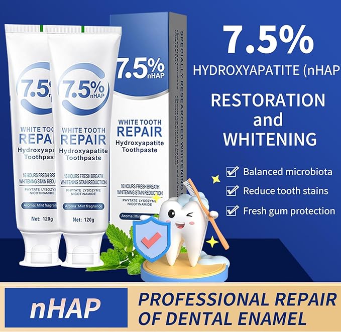 2 Pack Hydroxyapatite Toothpastes,7.5% hydroxyapatite Toothpaste for Enamel Protection and Tooth Strengthening, Gentle Mint, Fresh Breath, Daily Use for Oral Health (2)