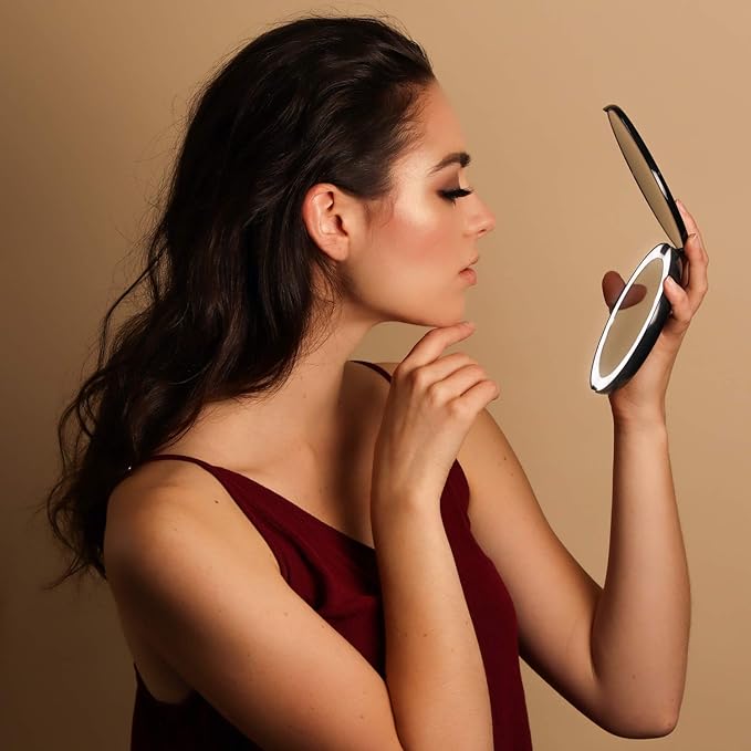 Fancii LED Lighted Travel Makeup Mirror, 1x/10x Magnification - Daylight LED, Compact, Portable, Large 5” Wide Illuminated Folding Mirror