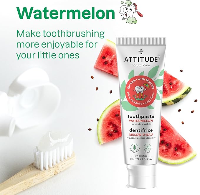 ATTITUDE Toothpaste with Fluoride, Prevents Tooth Decay and Cavities, Vegan, Cruelty-Free and Sugar-Free, Watermelon, 4.2 Oz (Pack of 6)