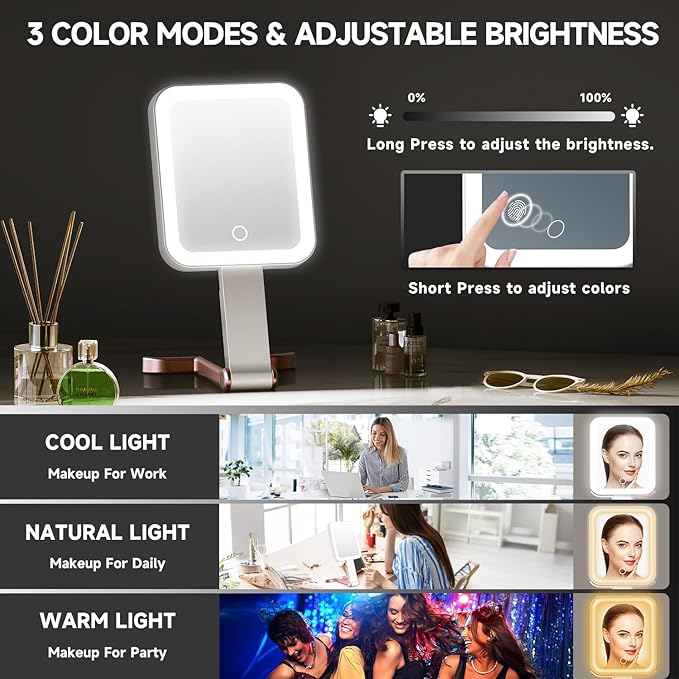 Mocado Travel Makeup Mirror with Lights,10X/1X Magnifying Mirror with Light, Double Sided Travel Mirror with 3 Color Light,Dimmable Touch,Lighted Makeup Mirror for Tabletop,Handheld,Hanging(Rose Pink)