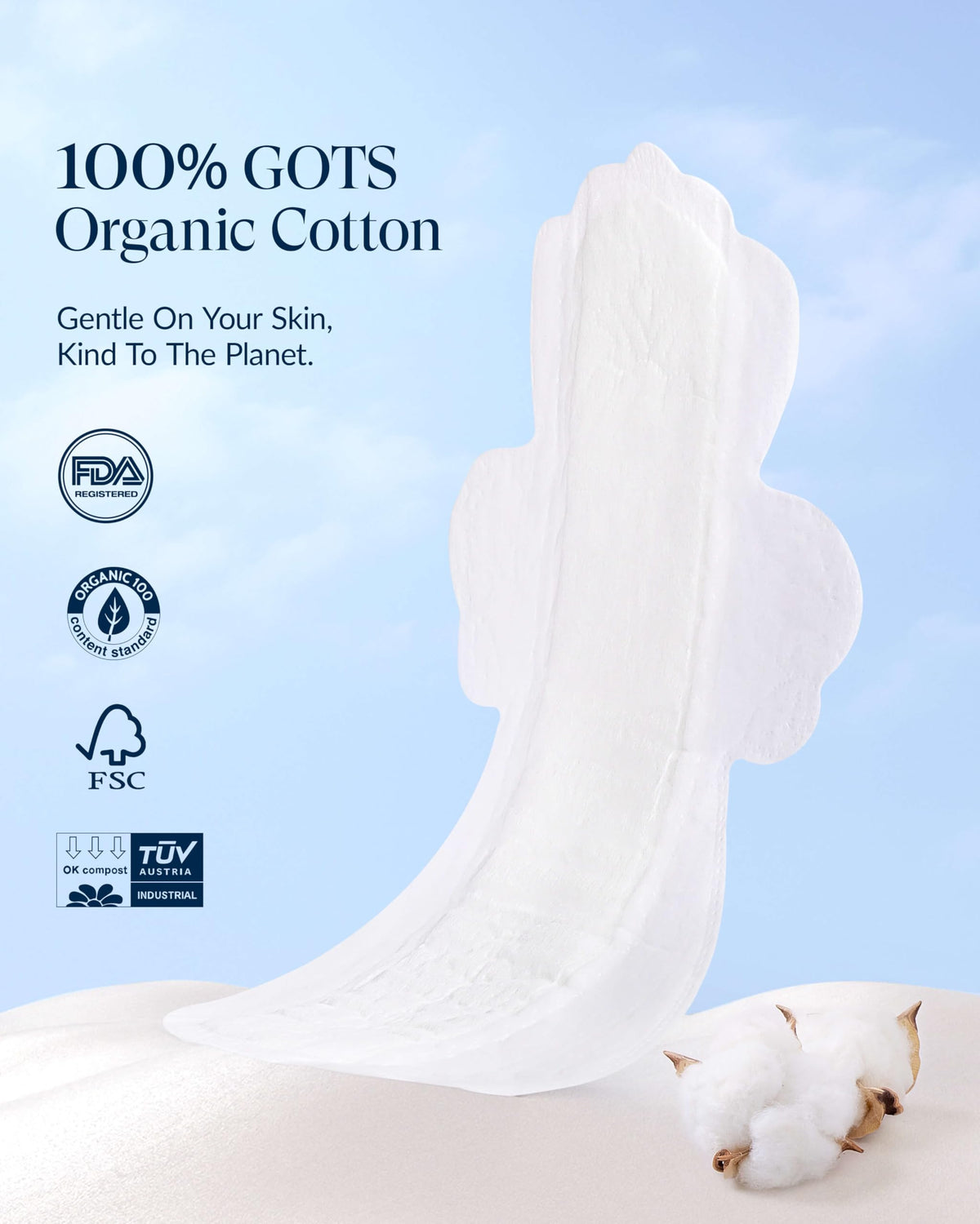 RPE Life 100% GOTS Organic Cotton Overnight Pads, Size 5, 72 Count
