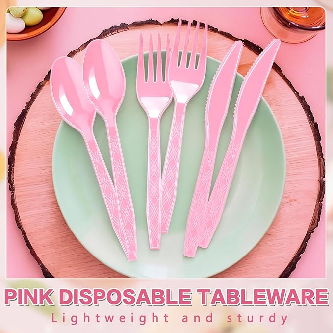 360-Pack Plastic Pink Silverware Set, Disposable Cutlery Set, Plastic Forks and Spoons Knives Utensils Set (120 Each) for Valentine's Day, Baby Shower, Bridal Shower, Princess Party, Easter