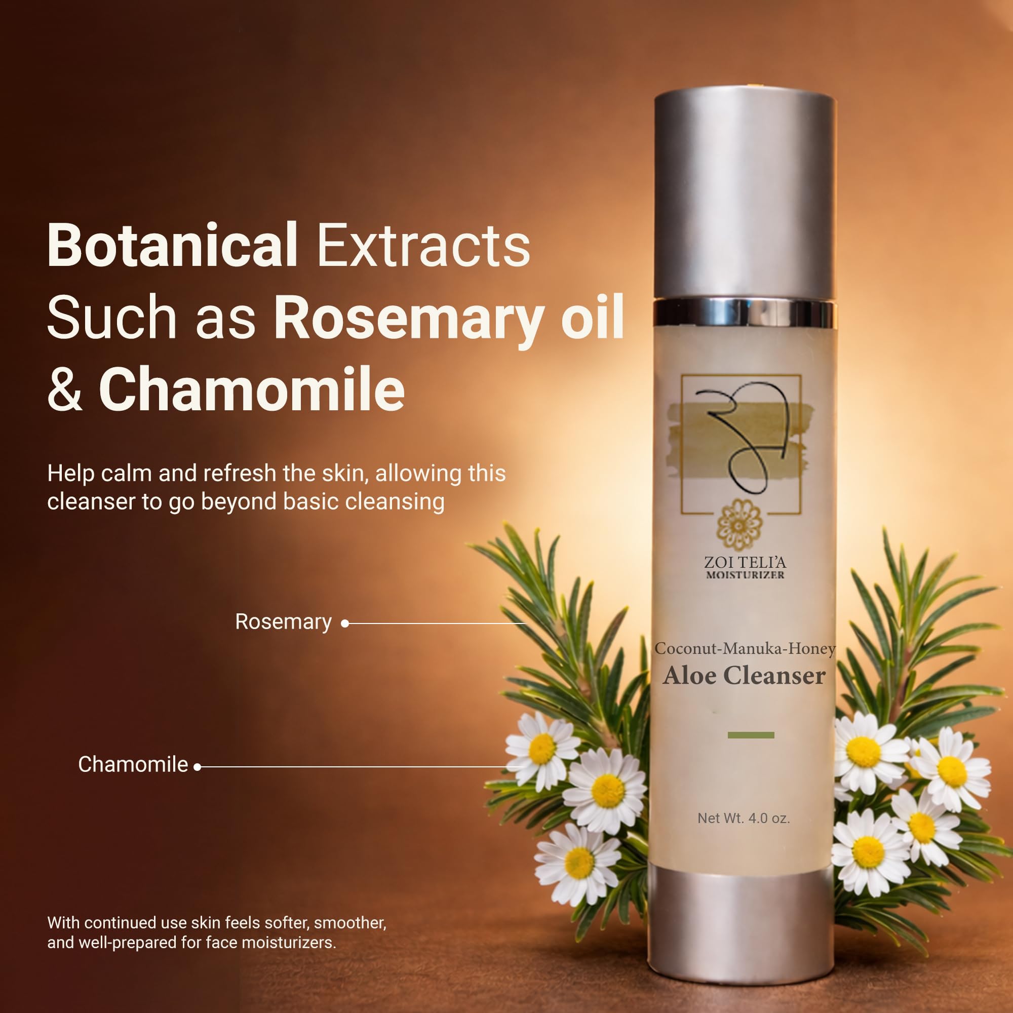 Zoi Teli'a Coconut Manuka Honey Aloe Facial Cleanser Balance Moisture, Rejuvenate & Hydrate Skin with Chamomile, Rosemary, Almond & Jojoba Oils – Cleansing Gel for Soft, Supple and Gentle Skin – 4 Oz