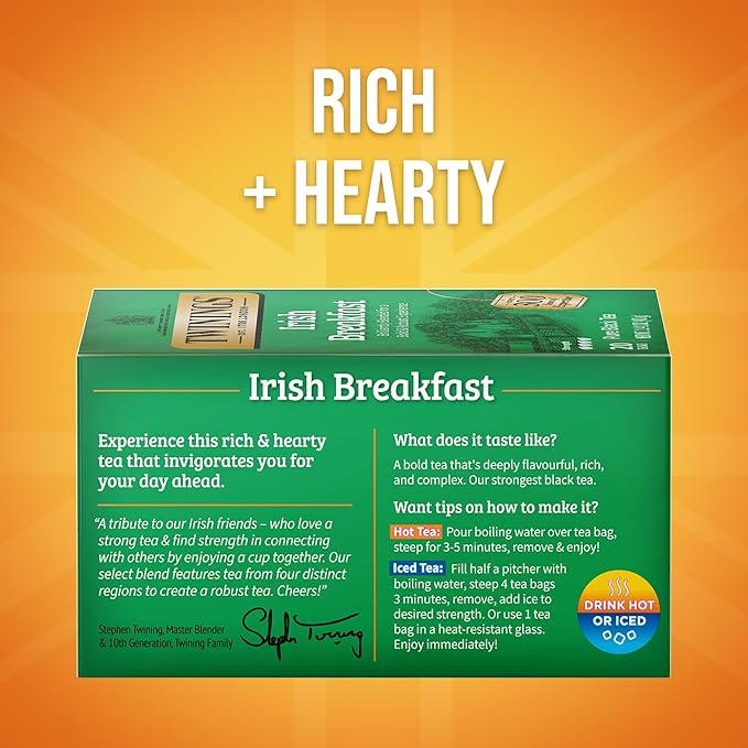 Twinings Irish Breakfast Black Tea Individually Wrapped Bags, 20 Count (Pack of 6), Flavourful, Robust Black Tea, Caffeinated, Enjoy Hot or Iced, 120 Teabags