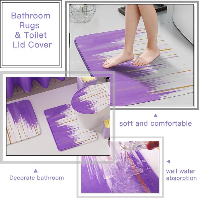 32PCS Bathroom Sets with Shower Curtain and Rugs-Purple Bathroom Accessories,Non Slip Bathroom Rugs Set with Toilet Lid Cover, Waterproof Shower Curtain, 3PC Soap Dispenser with Trash Can