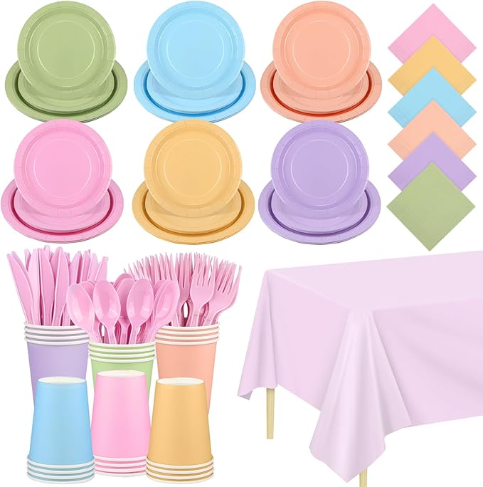 Kochorie 169 Pieces Pastel Party Supplies Disposable Dinnerware Set Include Plates and Cups Napkins Plastic Forks Knives Spoons Tablecloth for Wedding Birthday Party Decorations, Serve 24 Guests