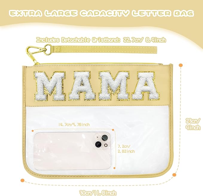Chenille Letter Clear Travel Zipper Pouch Nylon Makeup Bag, Preppy Makeup Bag Clear Cosmetic Toiletry Bag, Water-proof Makeup Travel Pouch Snack Bags for Women (Beige-MAMA)