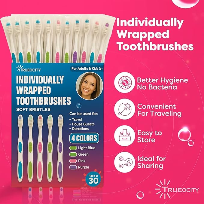 Trueocity 30 Pack Individually Wrapped Toothbrushes - Soft Bristle, Multi-Colored and Perfect for Adults and Kids, Travel Pack, Disposable Toothbrushes for Bulk Use, Oral Care Supplies
