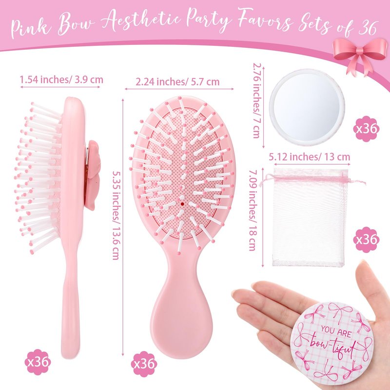 Wonderjune 36 Set Pink Bow Party Favors Women Coquette Compact Mirrors with Mini Hair Brush Organza Bag Inspirational Coquette Aesthetic Preppy Gifts for Sleepover Birthday Bow Themed Party Favors