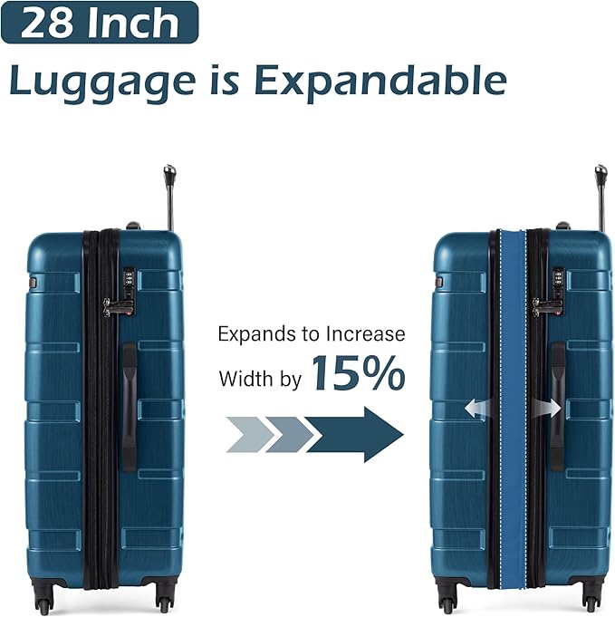 Coolife Luggage Set 3 Piece Hardside PC+ABS Suitcase with TSA Lock, Expandable Large Checked Luggage, Lightweight Rolling Carry On with Spinner Wheels(20/24/28 Inch, Caribbean Blue)