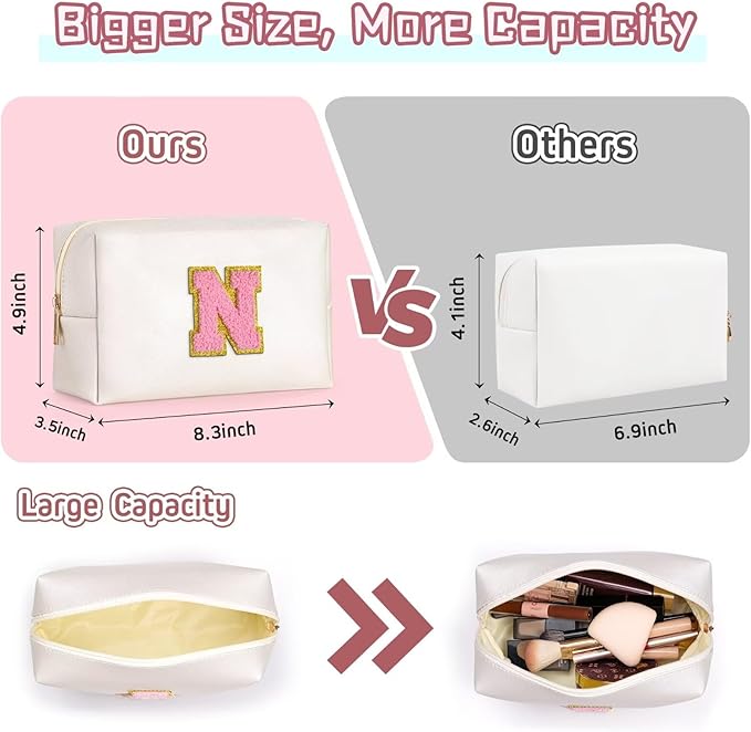 TOPEAST Preppy Stuff for Girls, Initial Makeup Bag Chenille Letter Pouch Cosmetic Bag with Zipper, PU Leather Waterproof Toiletry Bag, Cute Stuff Birthday Gift for Friends Sister (Pearly White T)
