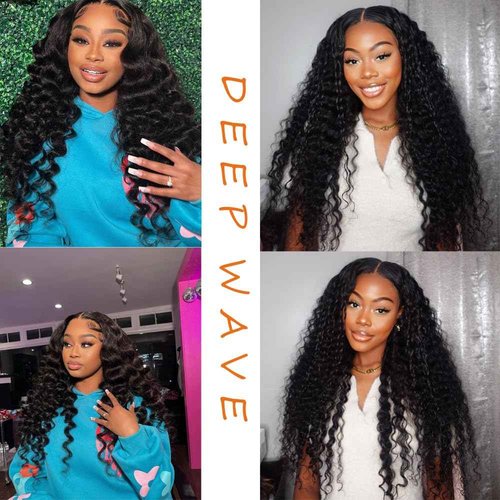 Deep Wave Bundles Human Hair 3 Bundles 12A Brazilian Virgin Human Hair Deep Curly Wave Extensions 100% Unprocessed Human Hair Weave Bundles Natural Black Color 12 14 16 Inch