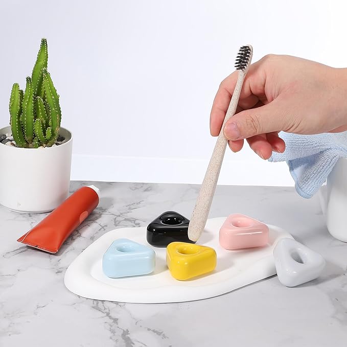 uxcell 2 Pcs Mini Ceramics Toothbrush Holder Stands, Sleek Mini Countertop Toothbrush Triangle Shape Ceramic Holder Stand for Bathroom Vanity Countertops, Blue