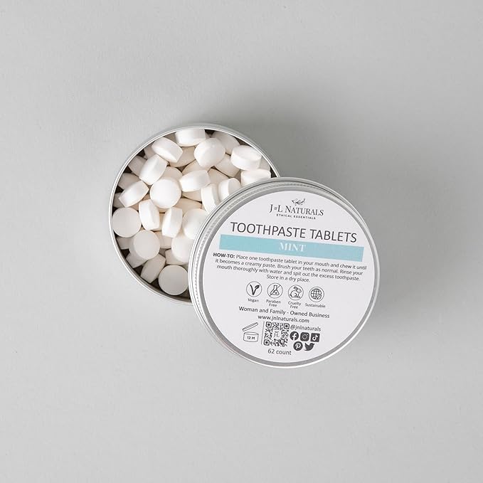 J&L Naturals Toothpaste Tablets | 62-Pack Travel-Friendly Toothpaste | Fluoride + Plastic Free, Vegan, Cruelty Free, Sustainable | Woman-Owned Small Business (Mint, 62 Count (Pack of 1))