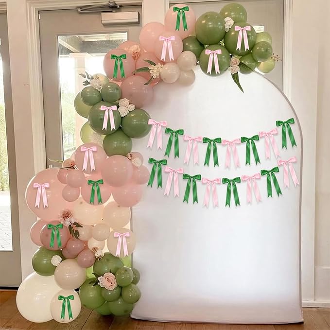 2 Strings Pink & Green Bow Garland Banner Decorations, 16Pcs Pre-Strung Satin Ribbon with 6.7ft Chain for Girls Ribbon Bow Banner Coquette Room Birthday Baby Shower Bachelorette Wedding Party Decor