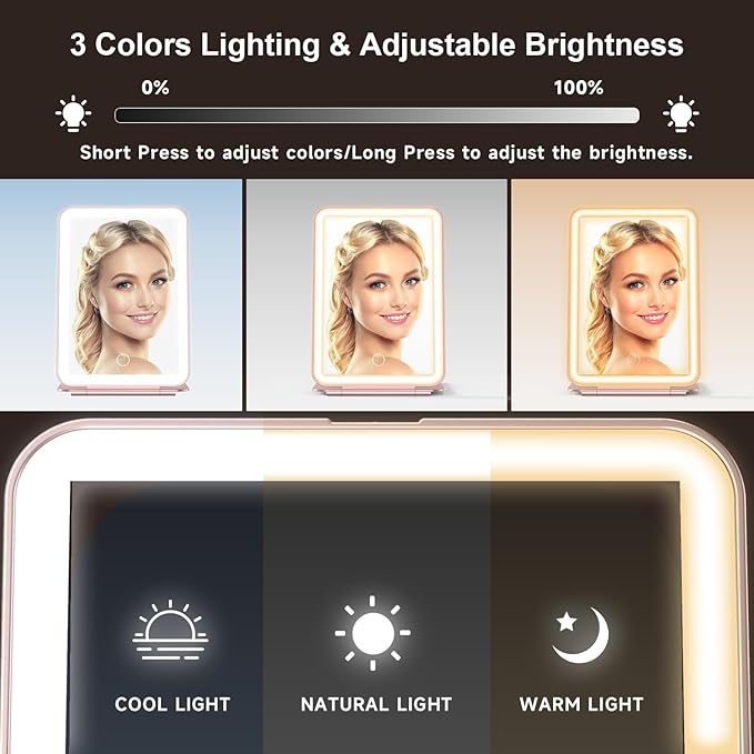 LED Foldable Travel Makeup Mirror - 5x7 inches 3 Colors Light Modes USB Rechargeable Touch Screen, Portable Tabletop Cosmetic for Travel, Cosmetic, Office (Rose Gold)