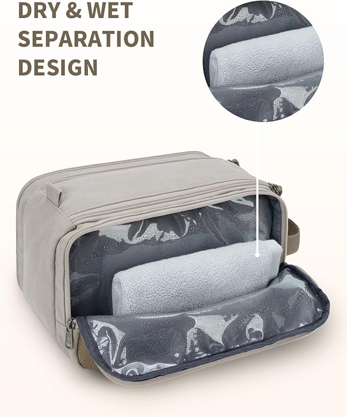 WANDF Toiletry Bag for Men Travel Toiletry Organizer Canvas and Leather Dopp Kit Water-Resistant Shaving Bag for Travel Accessories (Cream Beige, Large)