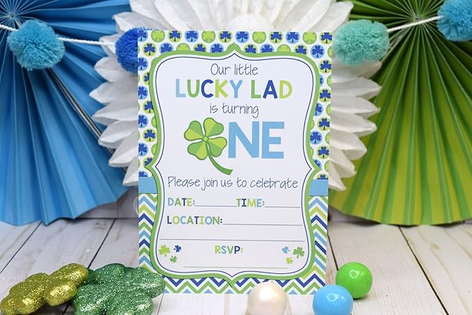 Lucky Lad First Birthday Clover St. Patrick’s Day Party Invitations for Boys, 20 5x7 Fill In Cards with Twenty White Envelopes by AmandaCreation