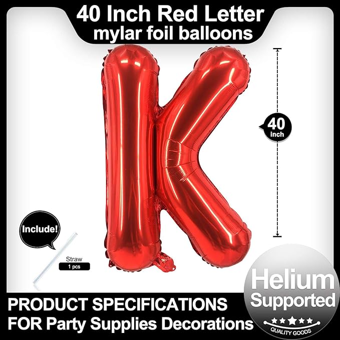 40 Inch Red Letter K Balloons, DIY Phrase Foil Alphabet Letter K Balloons DIY Word K Banner for Birthday Anniversary Celebration Graduation Party Supplies Decoration
