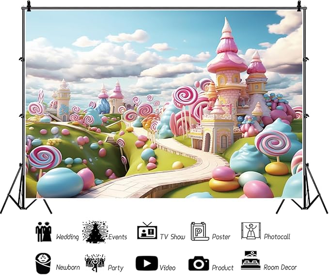 10x8ft Candyland Backdrop Fantasy Sweet Candy Castle Cream Photography Background Candyland Theme Boys Girls Birthday Party Decorations Banner Photo Studio Props