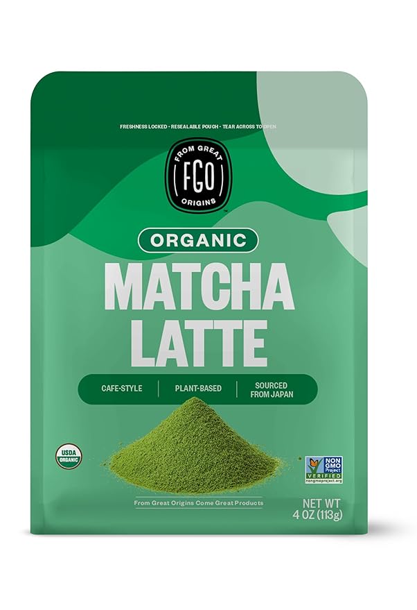FGO Organic Matcha Latte Powder, 16 Ounce Bulk Resealable Bag, Japanese Matcha with Organic Cane Sugar, Lightly Sweetened, Packaging May Vary (Pack of 1)