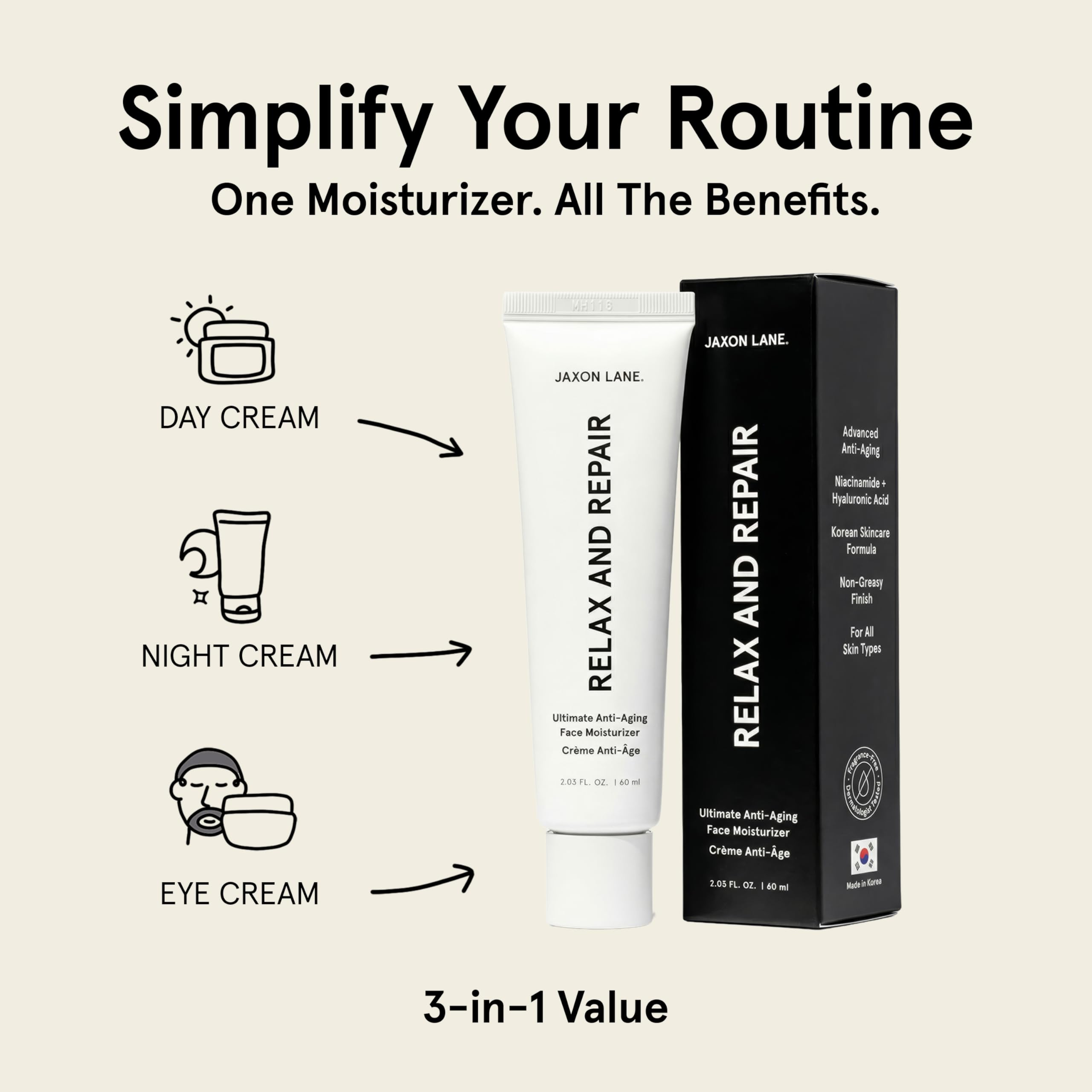 JAXON LANE Relax and Repair Korean Face Moisturizer for Men, 1 Pack