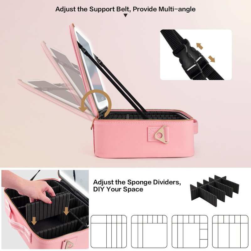 saiggnyy 15"×11" Large Pink Makeup Bag with Mirror, Personal Item Travel Bag with Makeup Mirror 3 Lights, Waterproof Train Case with Mirror and Adjustable Dividers,Professional Lighted Makeup Case